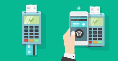 NFC ödemesi ya da pos terminal ödemesi kredi kartı ve cep telefonu vektörü ile yapılır, nakitsiz elektronik erişimsizlik işlemi kişi elinde, veznedar dijital teknoloji düz tasarım