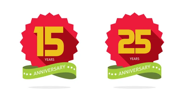 Évforduló 15 és 25 év ünneplik logó vektor érem vagy születésnap jubileumi 15. és 25. prémium szám szalag ikon készlet piros és zöld lapos modern esemény szimbólumok, üzleti party dátum banner Stock Illusztrációk