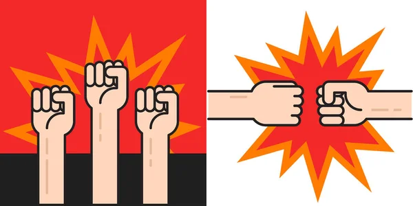 Vuist handen opgeheven en stoten als revolutie oorlog concept vector of sterke demonstranten vuisten stoten als strijd mensen conflict of vechtlijn contouren illustratie, woede propaganda debat symbool — Stockvector