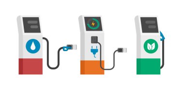 Gaz yakıtı, elektrik ve biyodizel organik yakıt istasyonları izole vektör ikonları, alternatif biyodizel şarj tanları tank pompası düz çizgi film illüstrasyonu modern tasarım