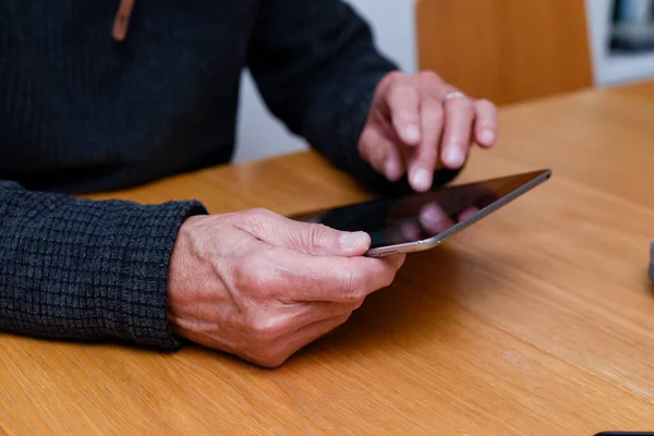 Mature Hands Hold Touch Screen Tablet Device Stay Connect Online — Stock Photo, Image