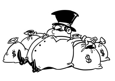 Şişko zengin adam çantalar dolusu parayı elinde tutuyor. 