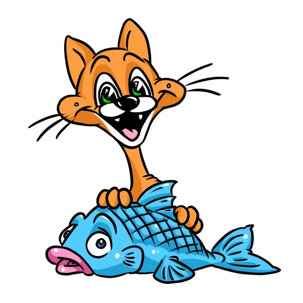 Cheerful Ginger Cat Lunch Looking Big Fish Caricature Isolated Image — Stock Photo, Image