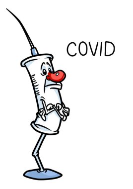 Şırınga karakteri aşısı COVID virüsü tehlike hastalığı uyarısı izole görüntü