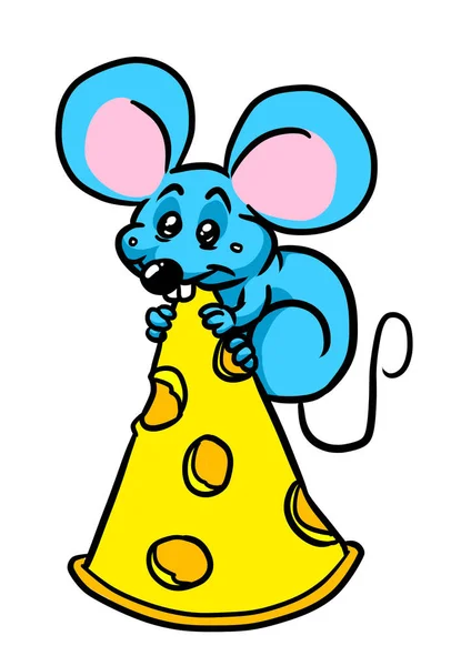 Pequeno Rato Azul Grande Pedaço Ilustração Queijo — Fotografia de Stock