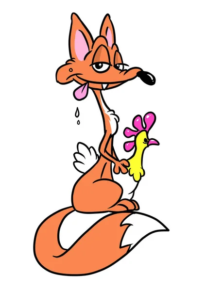 狐空腹鶏おいしい朝食イラスト漫画 — ストック写真