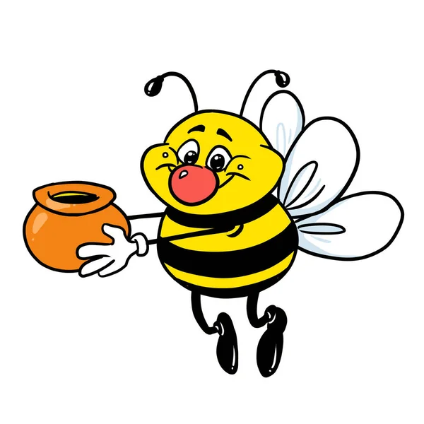 Mały Zabawny Pszczoła Miód Garnek Ilustracja Kreskówka — Zdjęcie stockowe