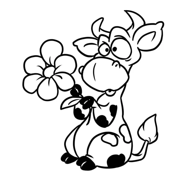 Zaskoczony Krowa Gospodarstwa Duży Kwiat Ilustracji Zarys — Zdjęcie stockowe
