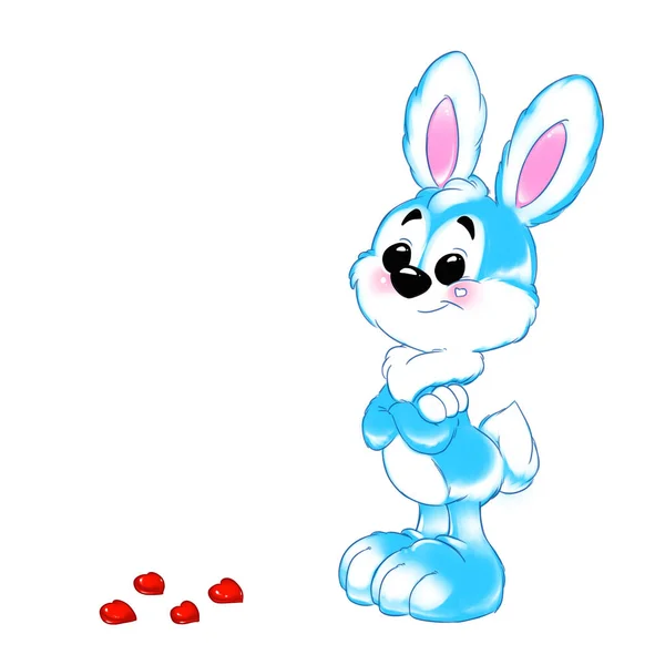 Tarjeta Felicitación Lindo Conejo Azul Corazón Ilustración Dibujos Animados —  Fotos de Stock