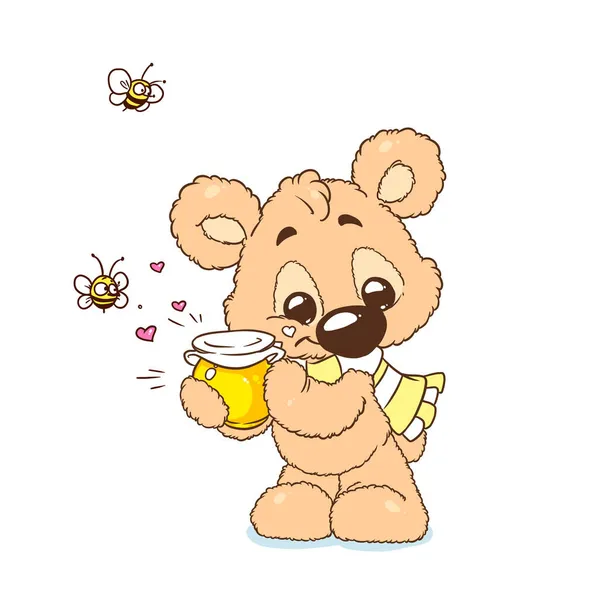 Üdvözlőlap Kis Kedves Medve Kölyök Méz Méhek Illusztráció Rajzfilm — Stock Fotó