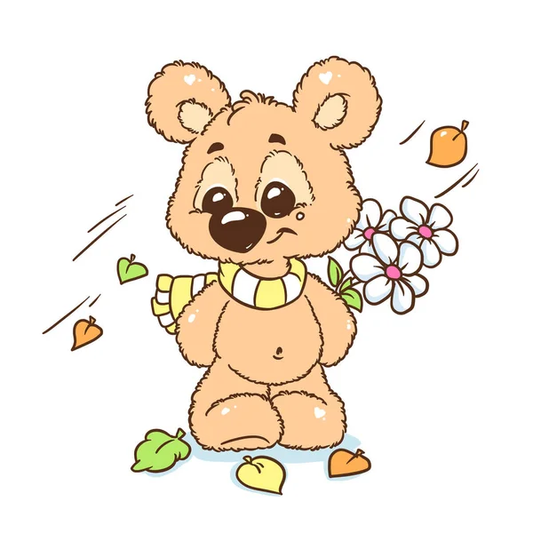 Cartão Saudação Pouco Tipo Urso Filhote Outono Buquê Flores Ilustração — Fotografia de Stock