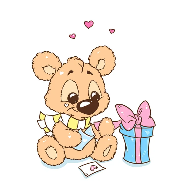 Grußkarte Kleine Art Teddybär Geschenk Überraschung Liebe Illustration Karikatur — Stockfoto