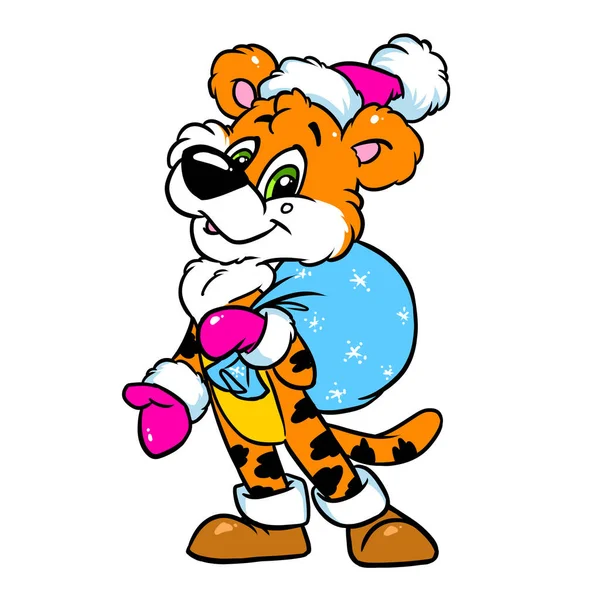 Αστείος Χαρακτήρας Τίγρης Σάντα Τσάντα Δώρο Συγχαρητήρια Νέο Έτος Κάρτα — Φωτογραφία Αρχείου