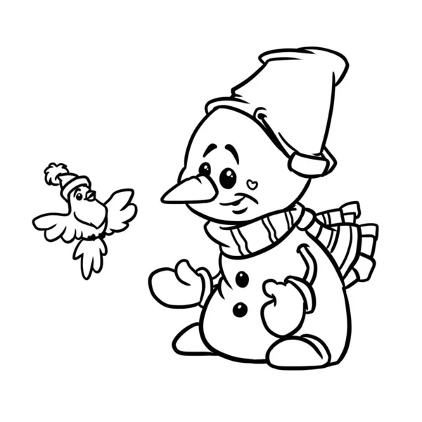 Маленький Милий Сніговик Дитина Птах Вітальна Листівка Новорічна Ілюстрація Розмальовка — стокове фото