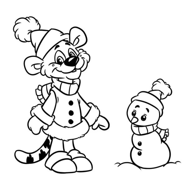 Personagem Tigre Engraçado Pequeno Boneco Neve Ilustração Desenho Animado Coloração — Fotografia de Stock