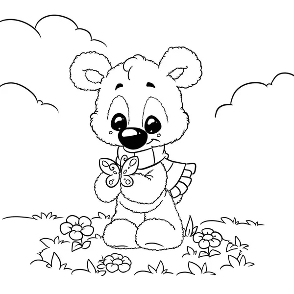 Little Kind Bear Cub Flowers Butterfly Illustration Cartoon Coloring — Stock Photo, Image