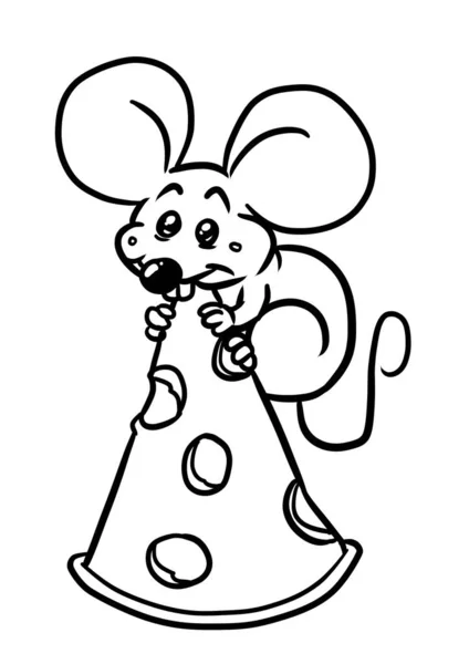 Malý Myš Velký Kus Sýra Ilustrace Zbarvení Kreslené — Stock fotografie