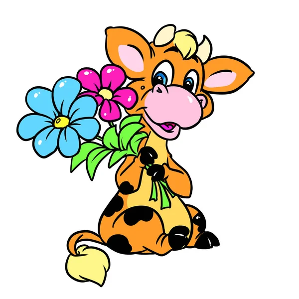 Sorriso Mucca Regalo Bouquet Fiori Illustrazione Personaggio Cartone Animato — Foto Stock