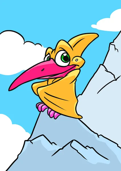 Malý Pterodactyl Sedící Rock Hora Ilustrace Karikatura — Stock fotografie