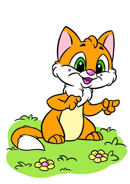 Çayırda Oturan Küçük Kedi Yavrusu Doğa Çizimi Karikatürü — Stok fotoğraf