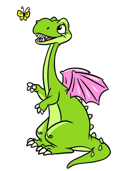 Dragon Verrassing Kijkt Vlinder Vliegen Illustratie Cartoon — Stockfoto