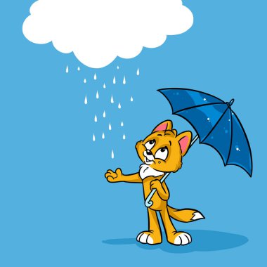 Küçük kızıl kedi şemsiyesi yağmur bulutu hava durumu karikatürü