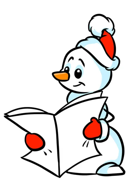 Маленький Снеговик Персонаж Нового Года Читает Газетную Иллюстрацию Мультфильма — стоковое фото