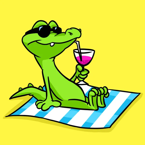 Mały Krokodyl Reszta Piasek Plaża Pić Koktajl Ilustracja Kreskówka — Zdjęcie stockowe