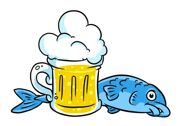 Grande Caneca Cerveja Espuma Peixe Cozinhar Ilustração Desenhos Animados — Fotografia de Stock