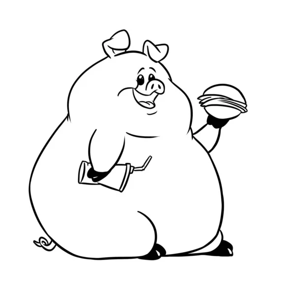 Gran Cerdo Gordo Comer Hamburguesa Ilustración Dibujos Animados Para Colorear — Foto de Stock