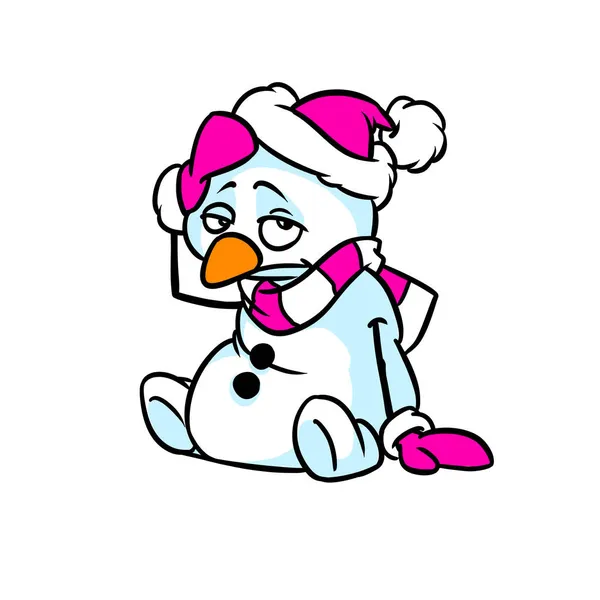 Печальный Снеговик Грустно Сидящий Новогодней Иллюстрированной Карикатуре — стоковое фото