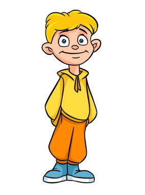 Genç çocuk gülümseyen karakter çizimi çiziyor.