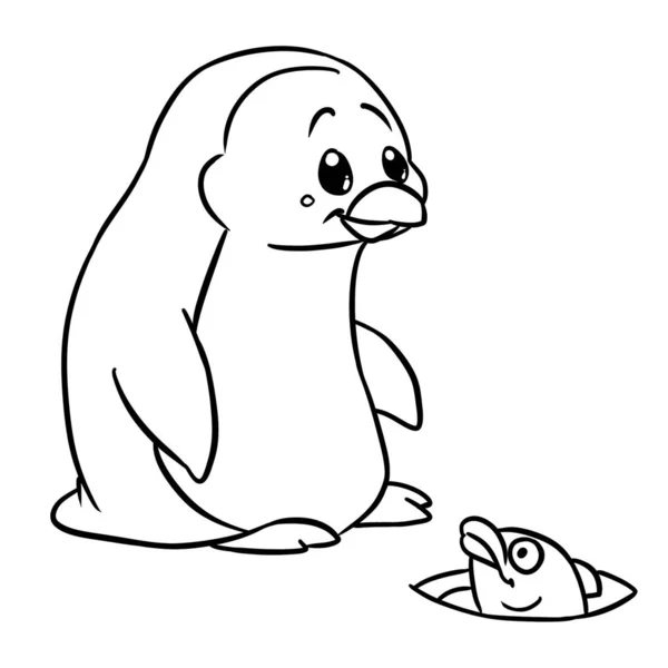 Tučňák Sleduje Ryby Ilustrace Kreslené Zbarvení — Stock fotografie