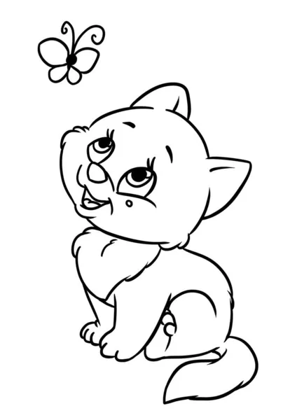 幸せ子猫見て蝶イラスト漫画の着色 — ストック写真