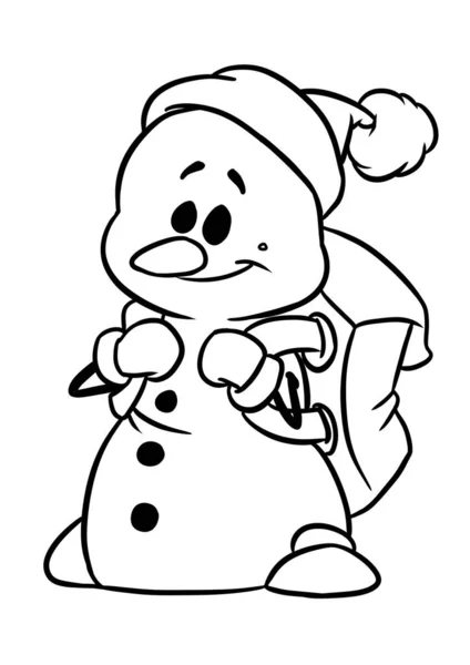 Νέο Έτος Χαρακτήρα Χιονάνθρωπος Σακίδιο Τουριστική Απεικόνιση Κινουμένων Σχεδίων Χρωματισμός — Φωτογραφία Αρχείου