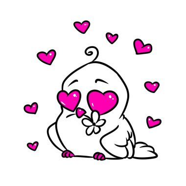 Küçük kuş kartpostalı pembe resimli karikatürü sever.