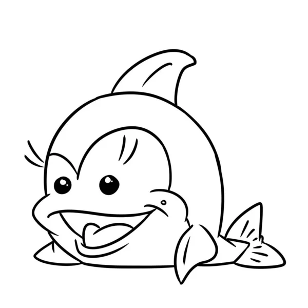 Küçük Yunus Karakteri Hayvan Balığı Neşe Gülümsemesi Çizim Karikatür Renkleri — Stok fotoğraf