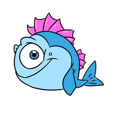 Küçük mavi balık gülümseyen hayvan tüneği resimli çizgi film karakteri izole