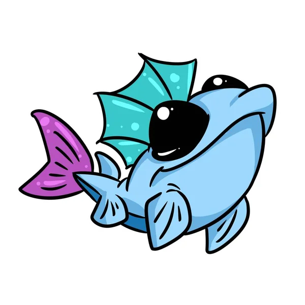 Niebieski Piękne Ryby Karaś Duże Oczy Zwierzę Ilustracja Kreskówka Charakter — Zdjęcie stockowe