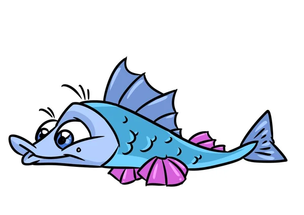 Blue Fish Lies Funny Animal Illustration Cartoon Character Isolated — Stock fotografie