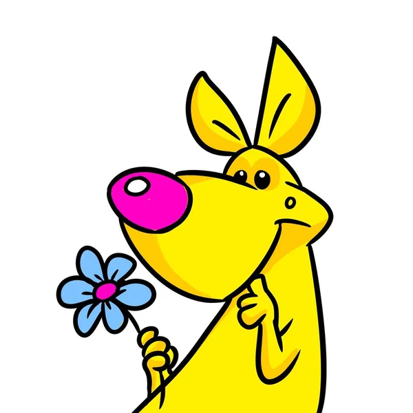 黄色的狗滑稽的假象动物明信片上的花说明卡通人物孤立 — 图库照片