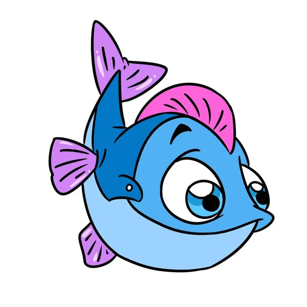 Malá Modrá Ryba Úsměv Zvíře Ilustrace Kreslený Znak Izolované — Stock fotografie