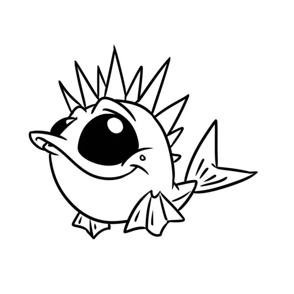 Pequeno Peixe Ouriço Espinhos Barbatanas Personagem Ilustração Desenho Animado Coloração — Fotografia de Stock