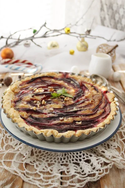Fruit Pie Sweet Pie Tart Fresh Plums Delicious Cake Plums — Stock Photo, Image