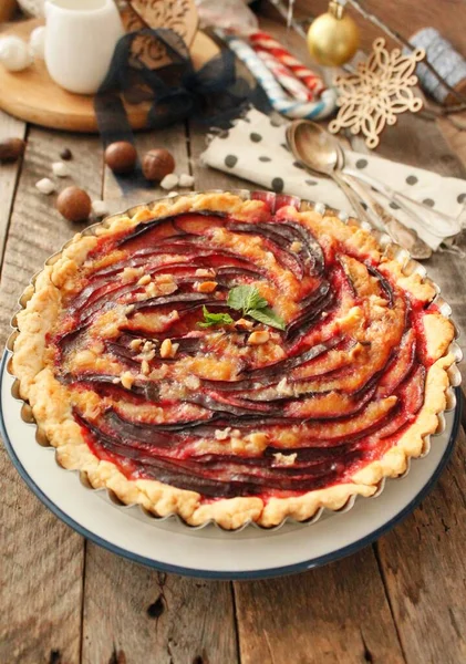 Fruit Pie Sweet Pie Tart Fresh Plums Delicious Cake Plums — Stock Photo, Image