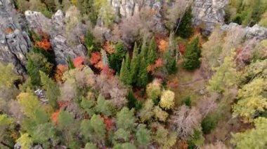 Kayalık tepelerin ve sarı yeşil sonbahar ormanlarının havadan görünüşü. Bir sonbahar günü, dağların üzerinden peyzaj uçuşu. Rusya 'da Ural Sırtı İlham verici doğa