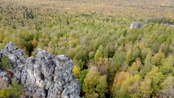 从空中俯瞰岩石山峰和黄绿的秋天森林 风景无人机在秋天的一天飞越高山 俄罗斯的乌拉尔山脊 — 图库视频影像