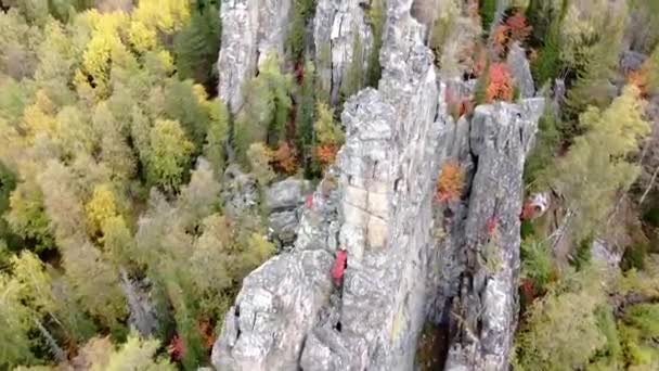 Luchtfoto Van Rotsachtige Toppen Geel Groen Herfstbos Landschap Drone Vlucht — Stockvideo