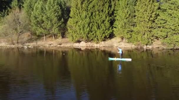 Dziewczyna Jeździ Deską Leśnym Jeziorze — Wideo stockowe
