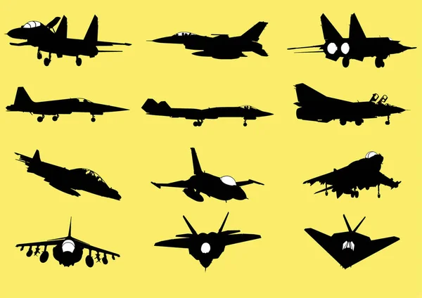 Set Military Planes Black Vector — Stok Vektör